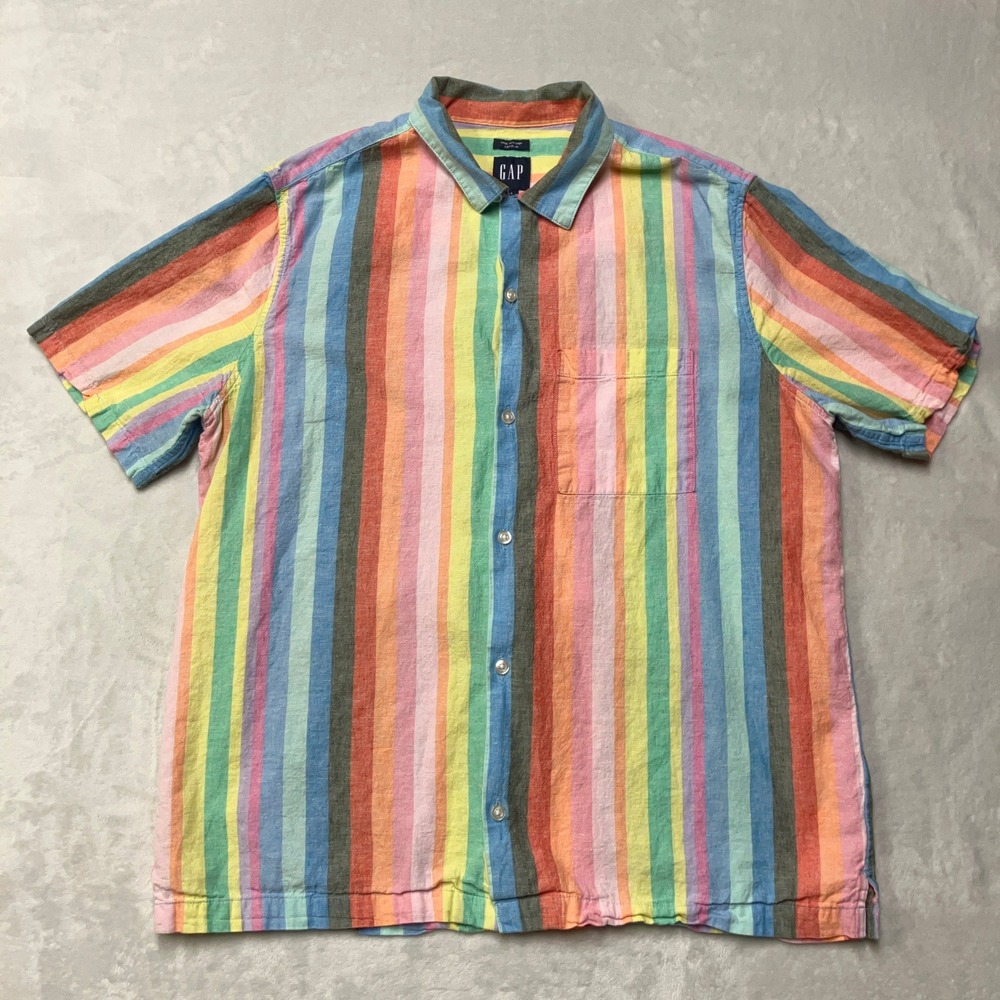 Gap Shirt Mens L Rainbow Linen Button Up Beach Vacation Resort Striped Pride